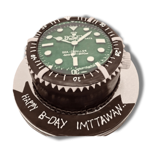 Luxe horlogetaart in Rolex-thema met gedetailleerde wijzerplaat, bezel en gepersonaliseerde boodschap Happy B-day Imttawan.